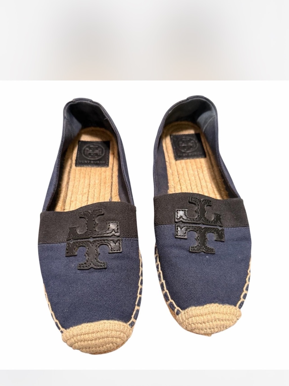 Tory Burch Navy Blue Canvas And Leather Espadrilles Flats Size 7